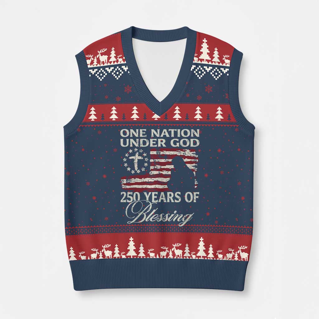 250th Anniversary USA V-Neck Knit Sweater Vest One Nation Under God 250 Years Of Blessing