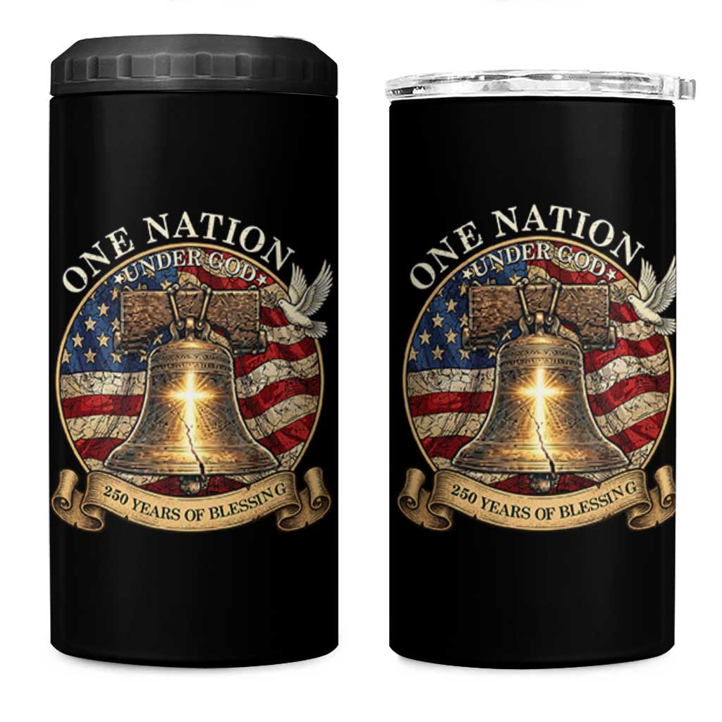 One Nation Under God 250 Years Of Blessing 4 in 1 Can Cooler Tumbler Christian Cross Bald Eagle 4th of July