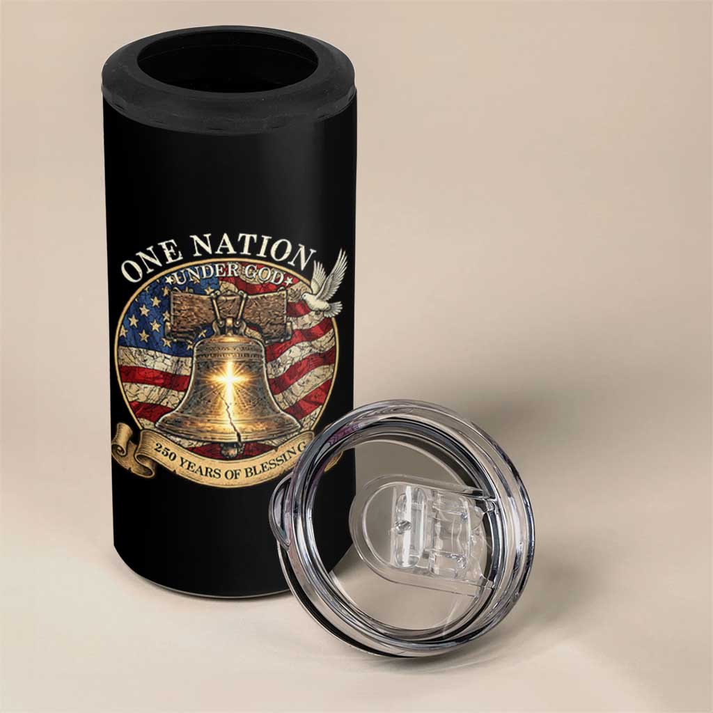 One Nation Under God 250 Years Of Blessing 4 in 1 Can Cooler Tumbler Christian Cross Bald Eagle 4th of July