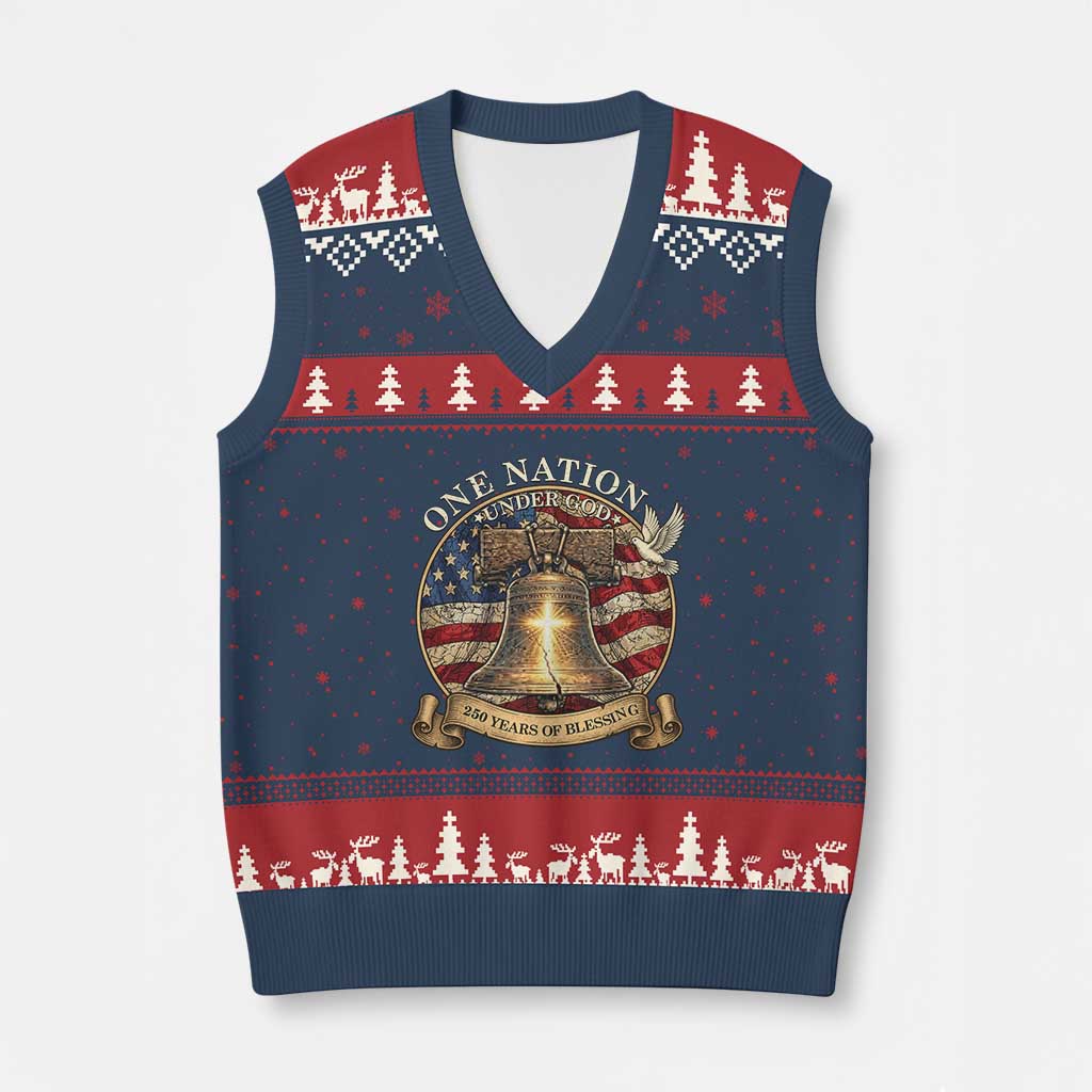 One Nation Under God 250 Years Of Blessing V-Neck Knit Sweater Vest Christian Cross Bald Eagle 4th of July