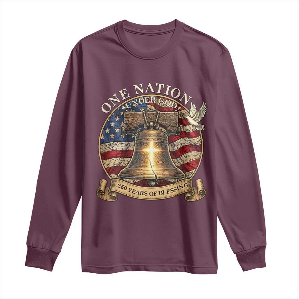 One Nation Under God 250 Years Of Blessing Long Sleeve Shirt Christian Cross Bald Eagle 4th of July