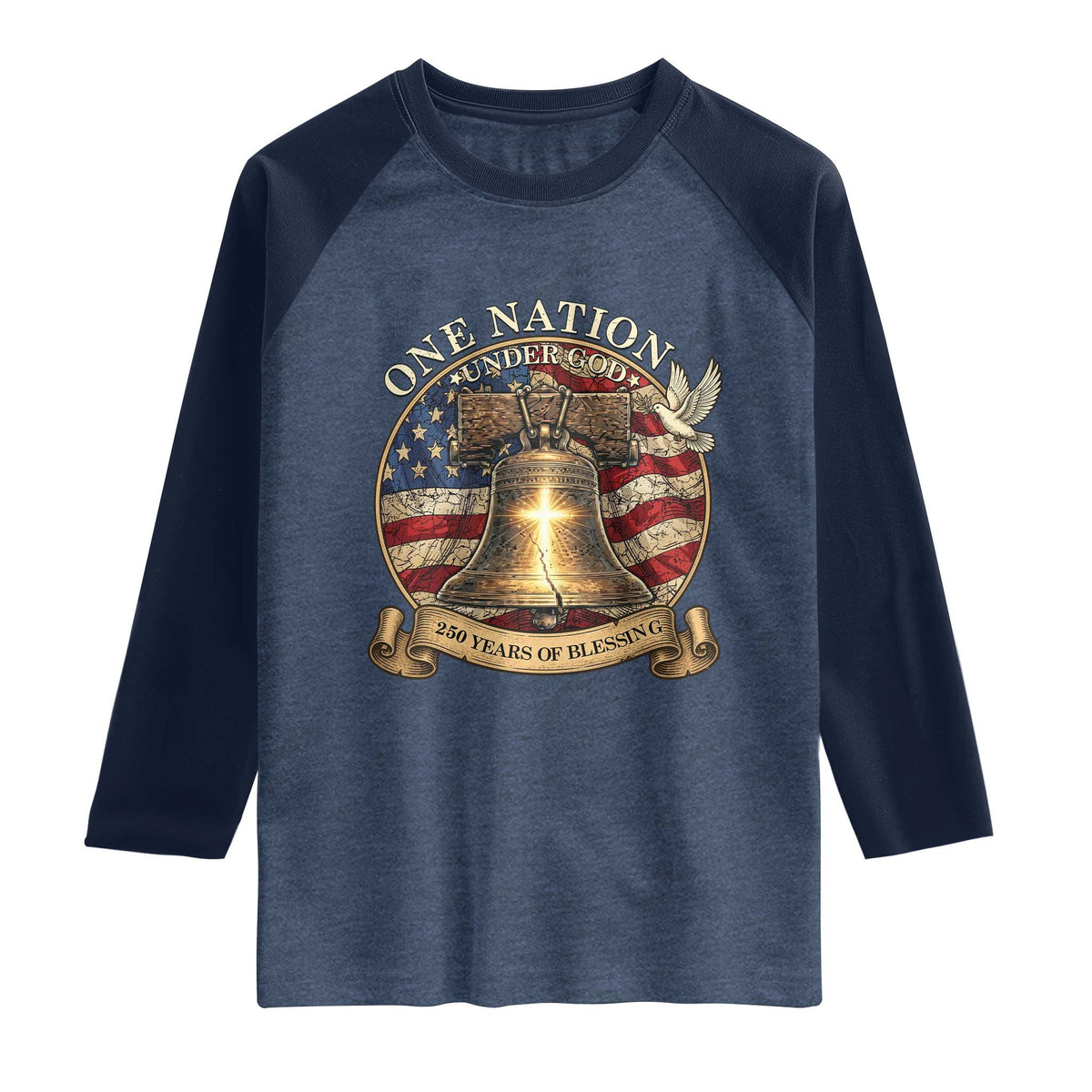 One Nation Under God 250 Years Of Blessing Raglan Shirt Christian Cross Bald Eagle 4th of July