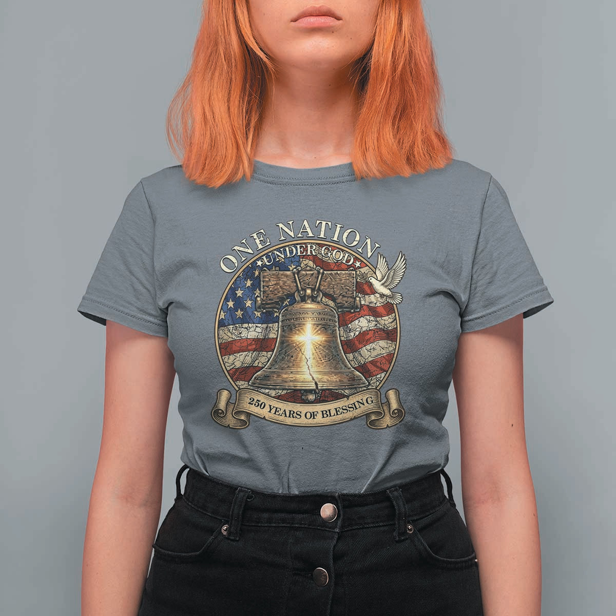 One Nation Under God 250 Years Of Blessing T Shirt For Women Christian Cross Bald Eagle 4th of July