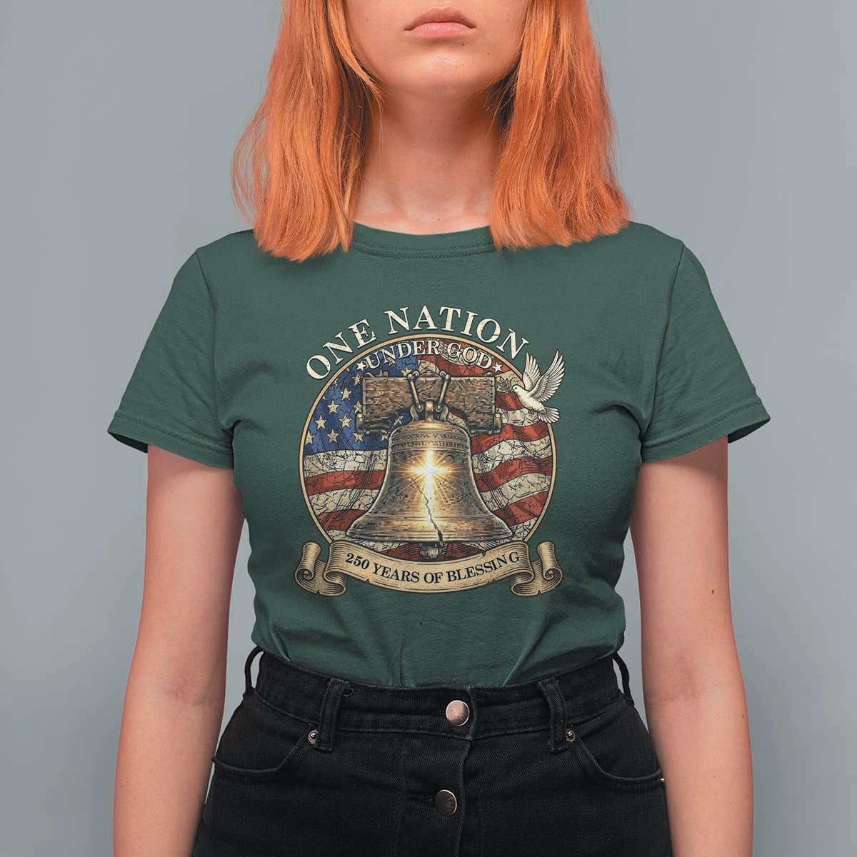 One Nation Under God 250 Years Of Blessing T Shirt For Women Christian Cross Bald Eagle 4th of July