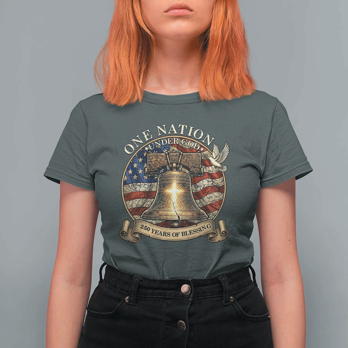 One Nation Under God 250 Years Of Blessing T Shirt For Women Christian Cross Bald Eagle 4th of July