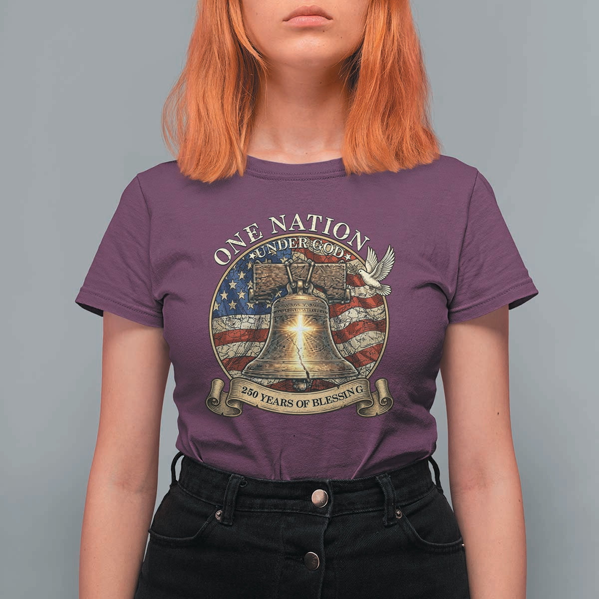 One Nation Under God 250 Years Of Blessing T Shirt For Women Christian Cross Bald Eagle 4th of July