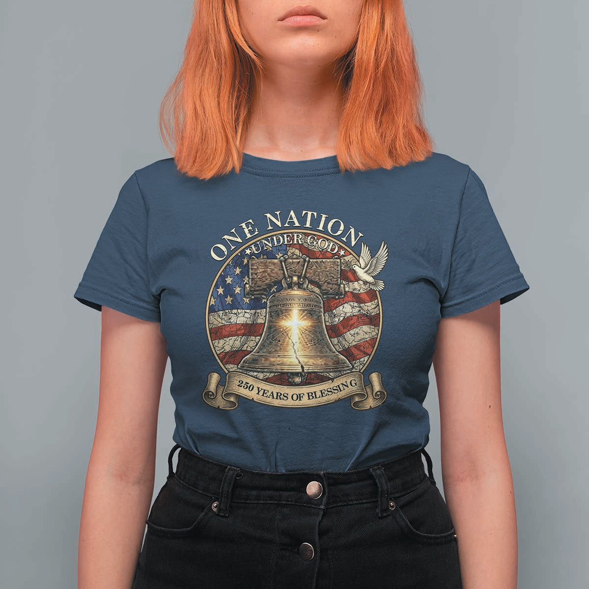 One Nation Under God 250 Years Of Blessing T Shirt For Women Christian Cross Bald Eagle 4th of July
