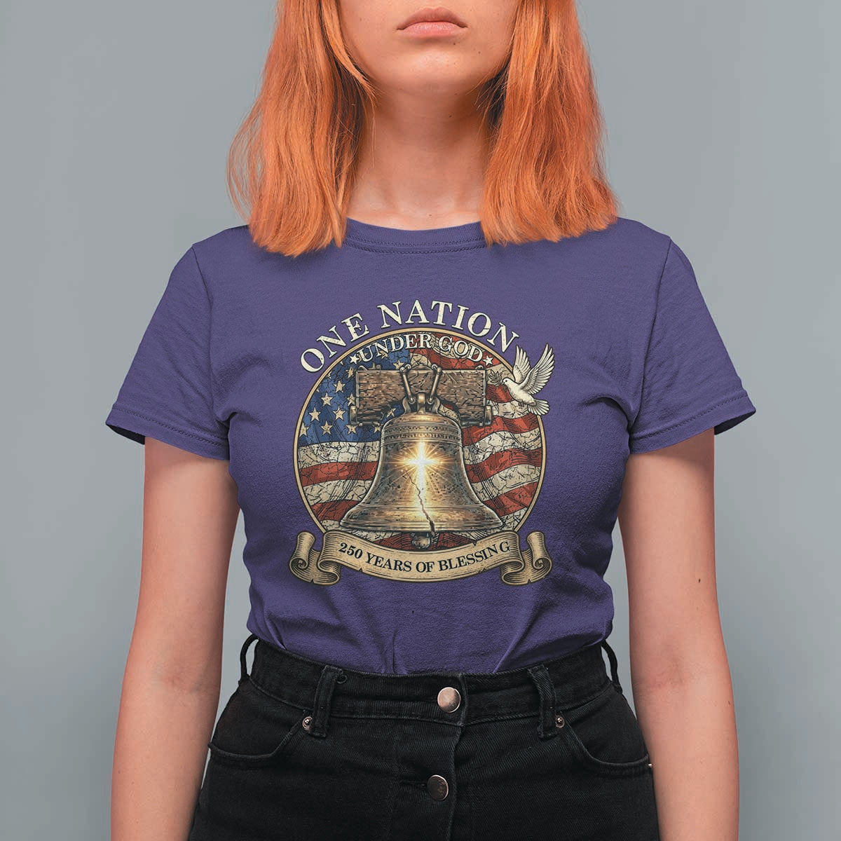 One Nation Under God 250 Years Of Blessing T Shirt For Women Christian Cross Bald Eagle 4th of July