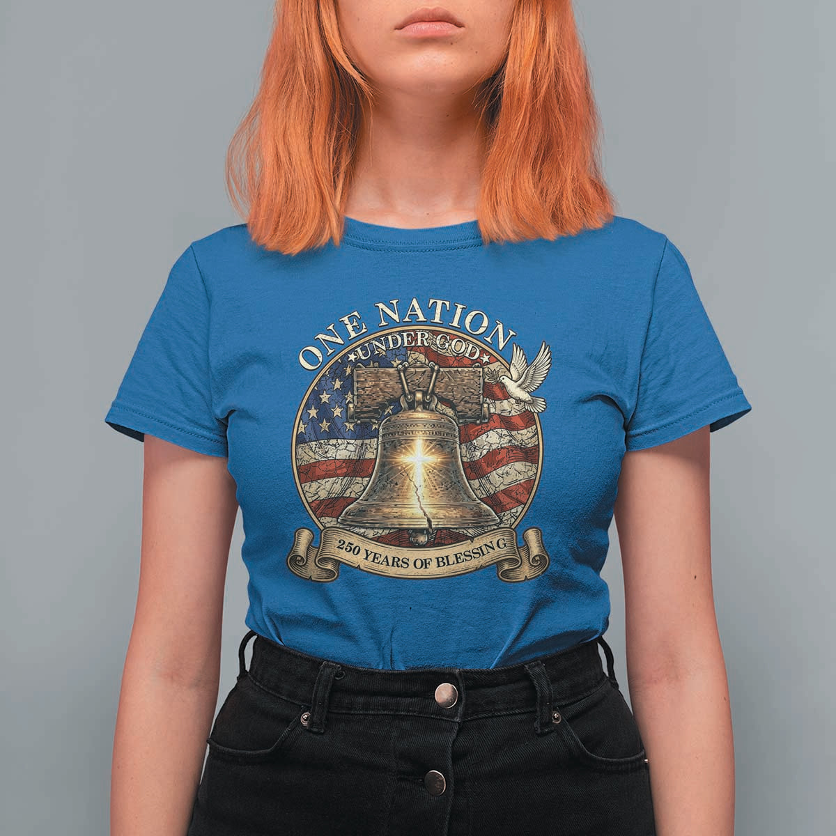 One Nation Under God 250 Years Of Blessing T Shirt For Women Christian Cross Bald Eagle 4th of July