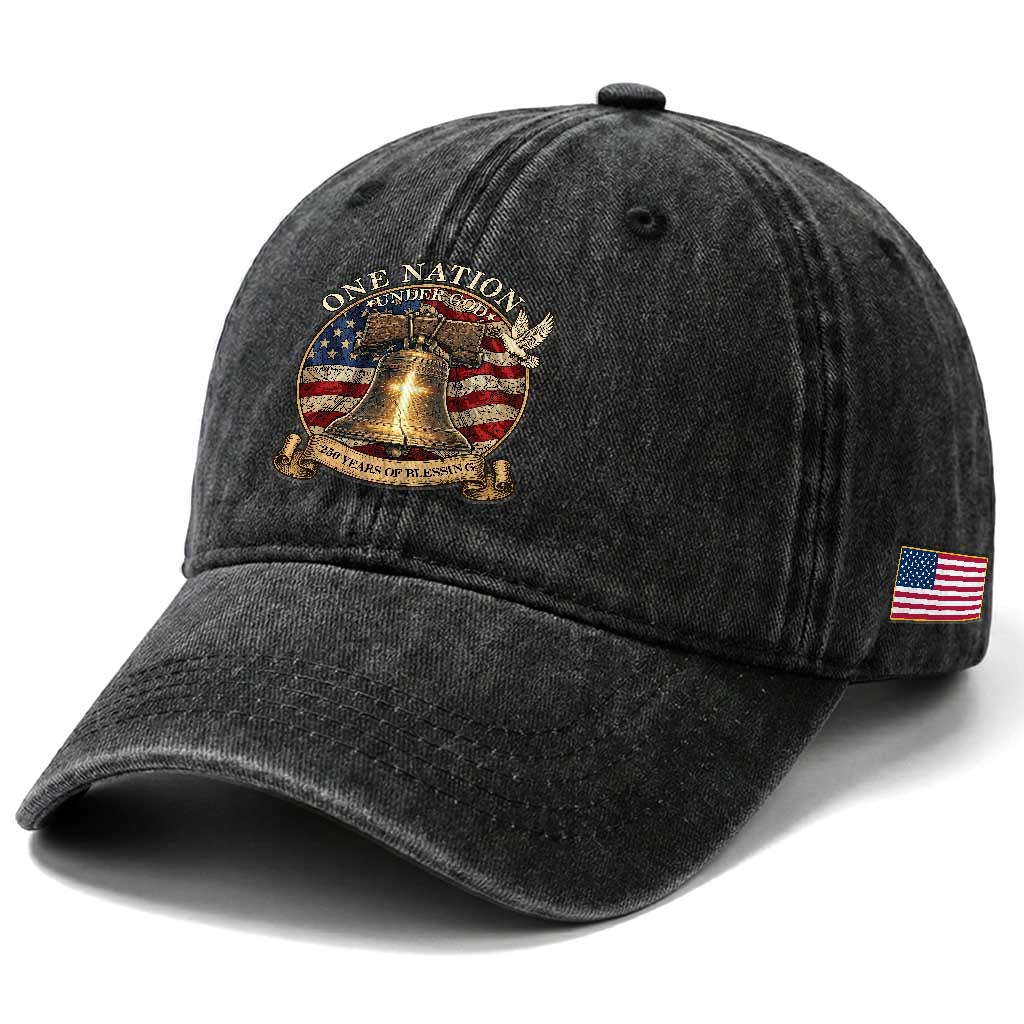 One Nation Under God 250 Years Of Blessing Washed Cotton Baseball Cap Christian Cross Bald Eagle 4th of July