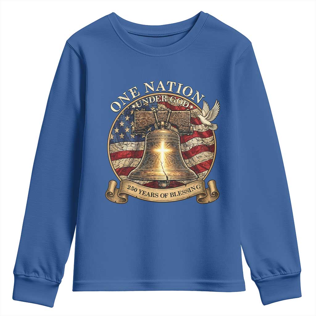 One Nation Under God 250 Years Of Blessing Youth Sweatshirt Christian Cross Bald Eagle 4th of July