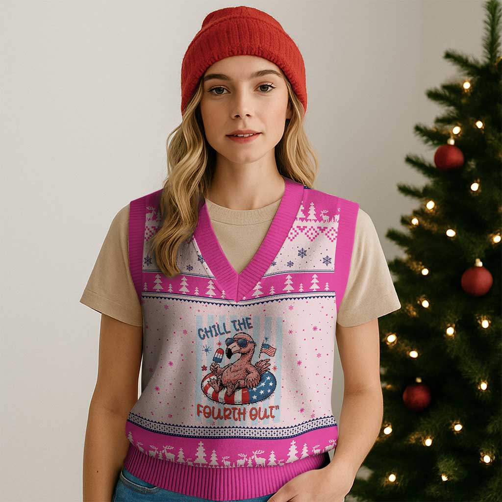 Chill The Fourth Out V-Neck Knit Sweater Vest Flamerica Flamingo 4th Of July