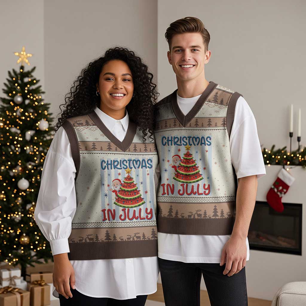 Funny Santa Christmas in July V-Neck Knit Sweater Vest Melon Christmas Tree Summer