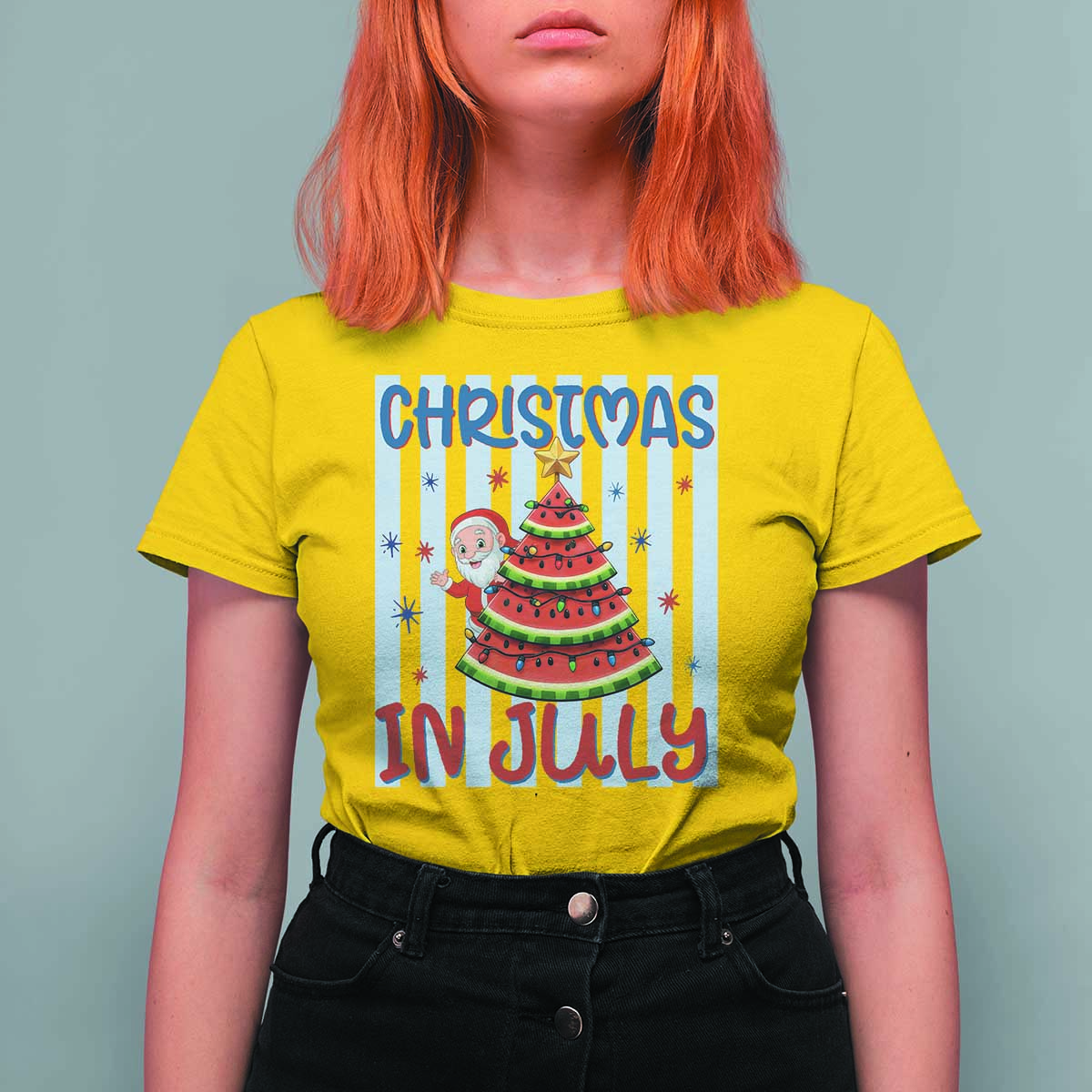 Funny Santa Christmas in July T Shirt For Women Melon Christmas Tree Summer
