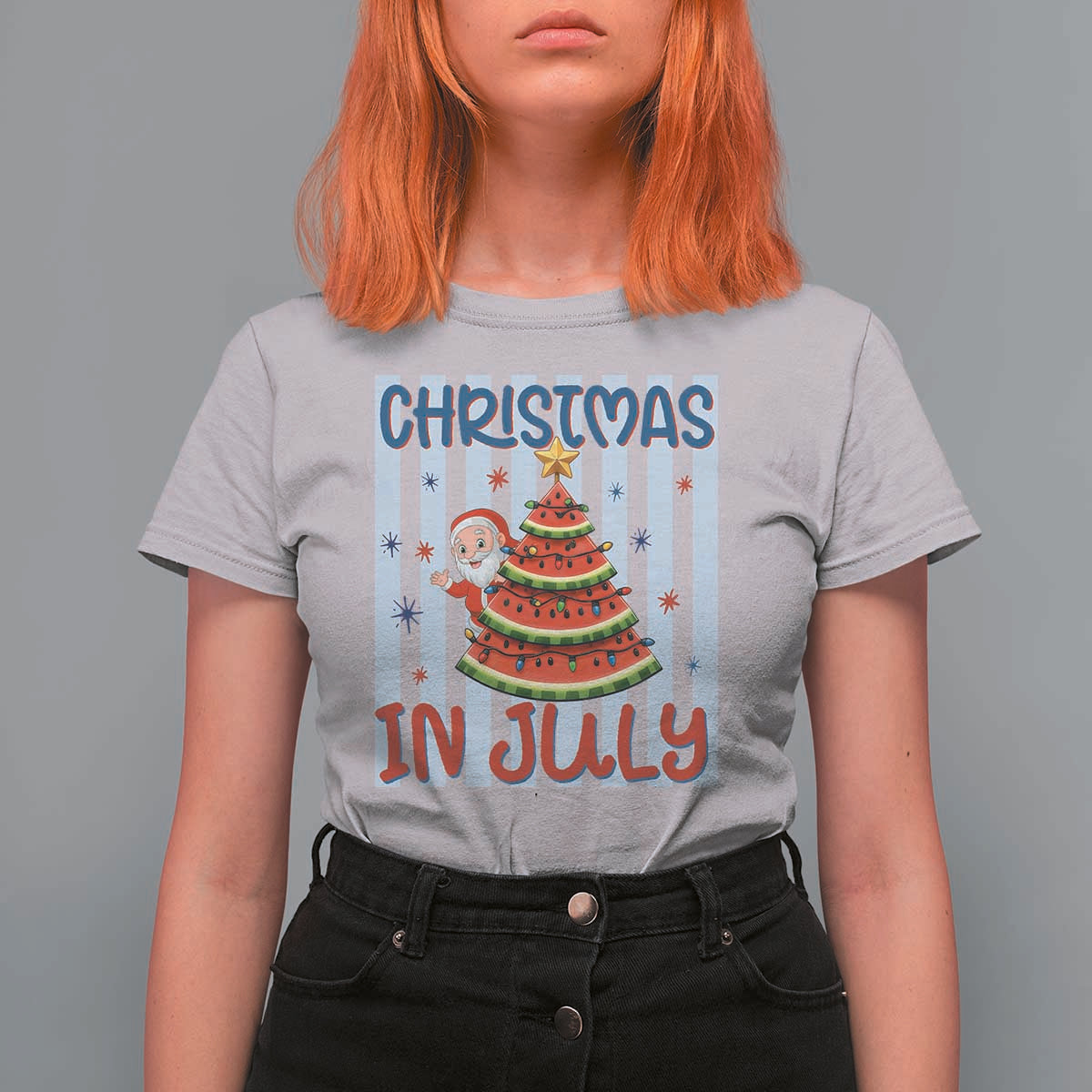 Funny Santa Christmas in July T Shirt For Women Melon Christmas Tree Summer
