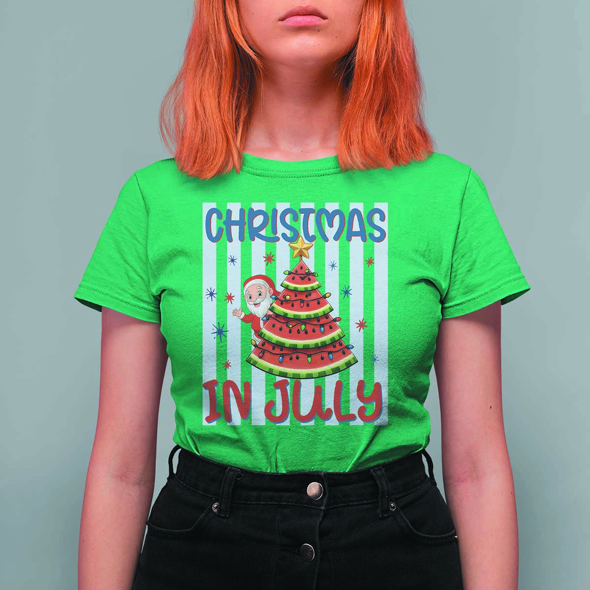 Funny Santa Christmas in July T Shirt For Women Melon Christmas Tree Summer