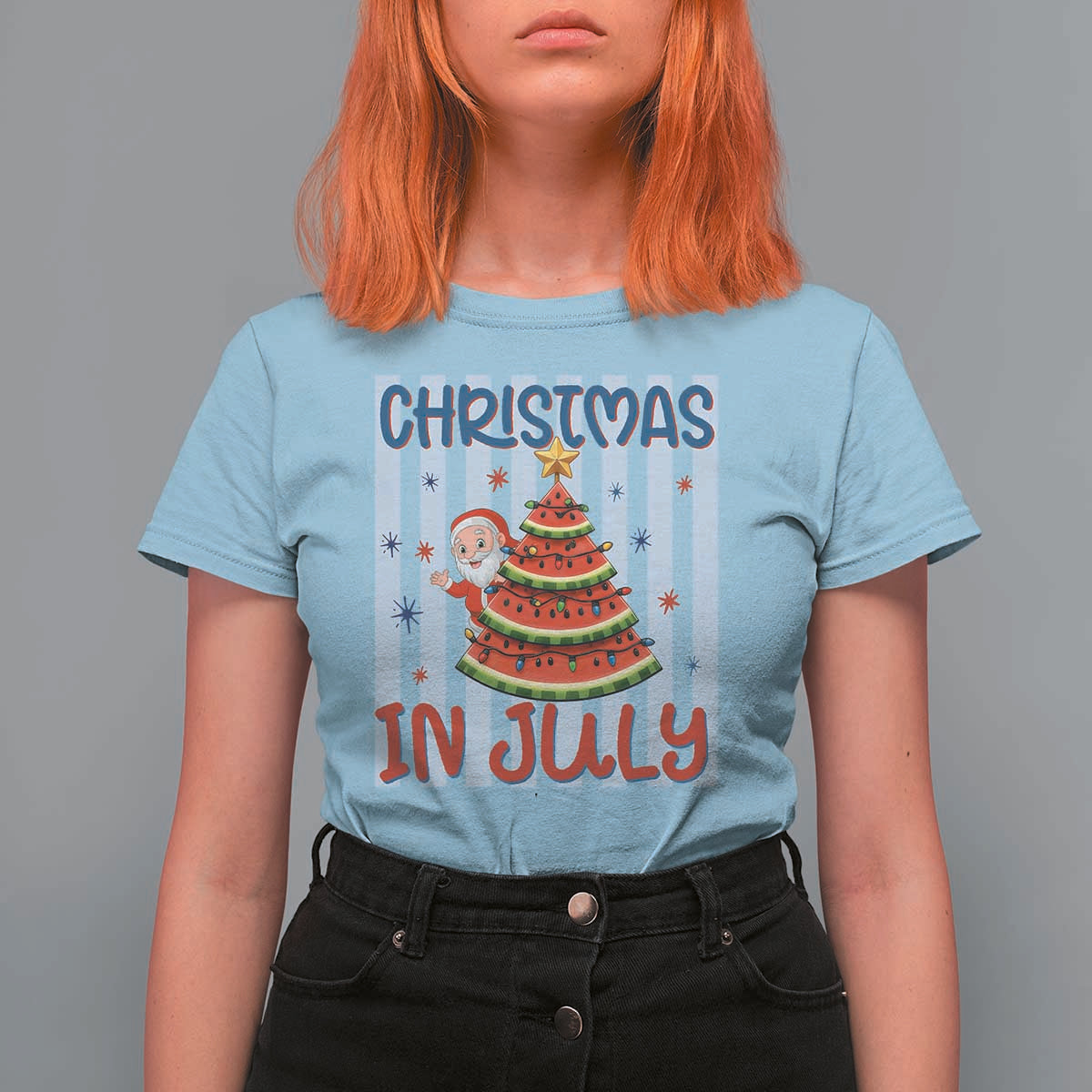 Funny Santa Christmas in July T Shirt For Women Melon Christmas Tree Summer