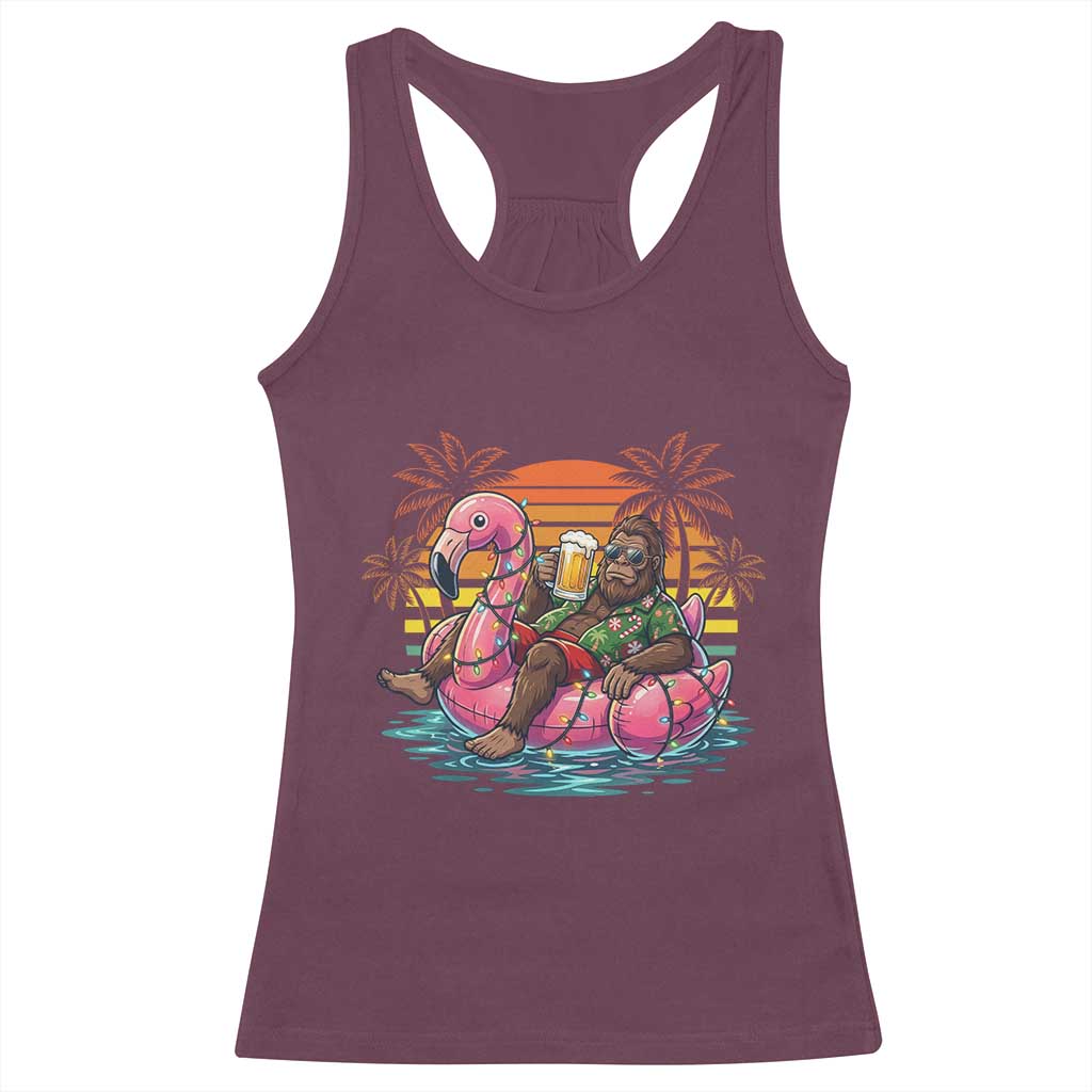 Funny Bigfoot Drinking Beer Christmas in July Racerback Tank Top