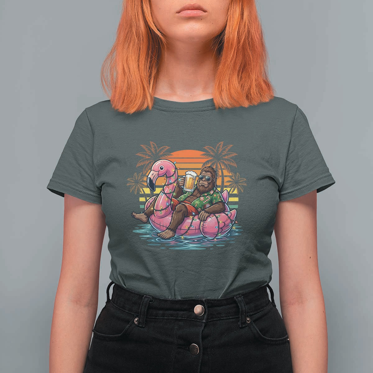 Funny Bigfoot Drinking Beer Christmas in July T Shirt For Women