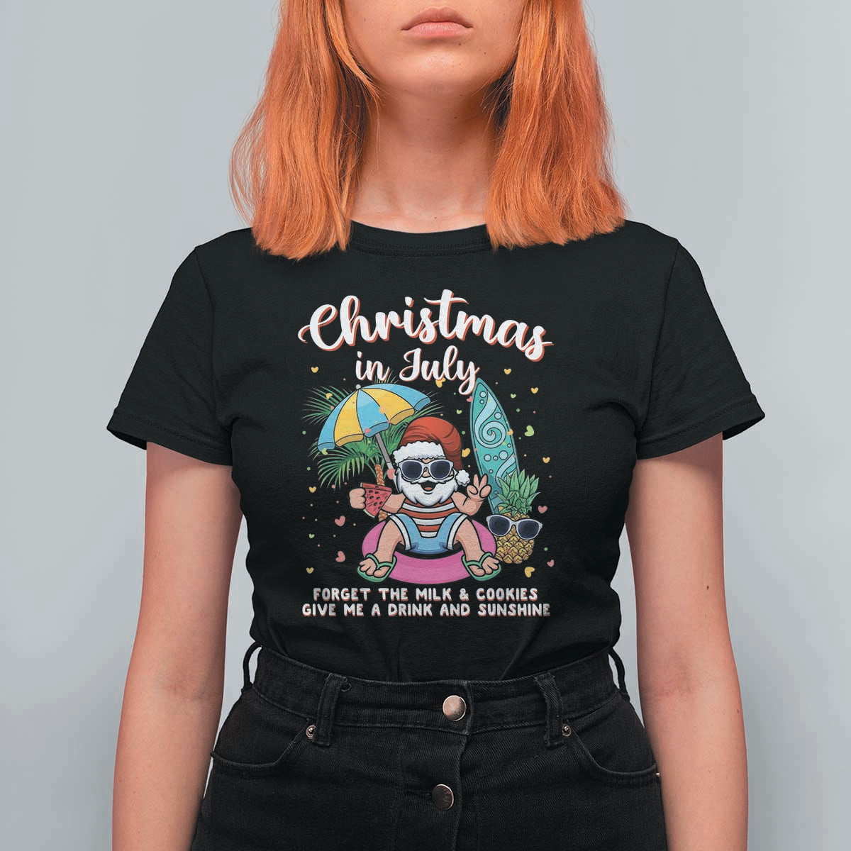 Christmas in July Santa T Shirt For Women Palm Tree Beach Summer Hawaii