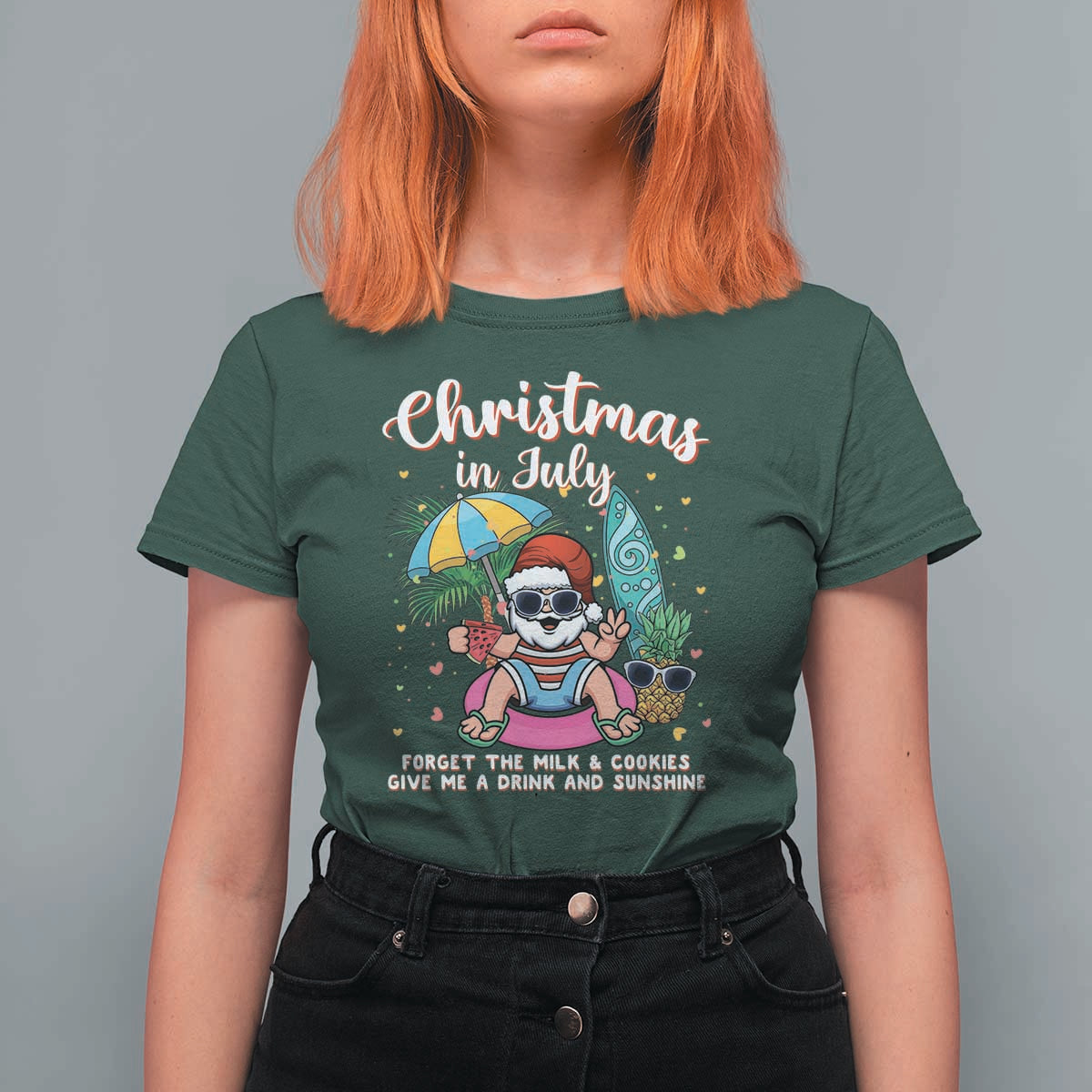 Christmas in July Santa T Shirt For Women Palm Tree Beach Summer Hawaii