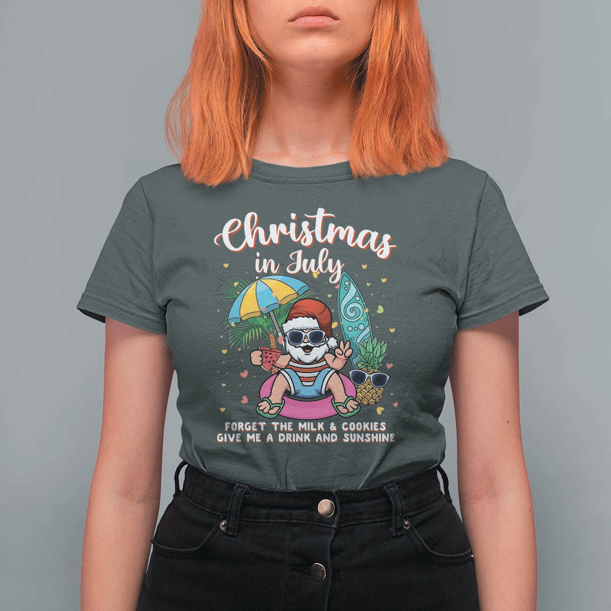 Christmas in July Santa T Shirt For Women Palm Tree Beach Summer Hawaii