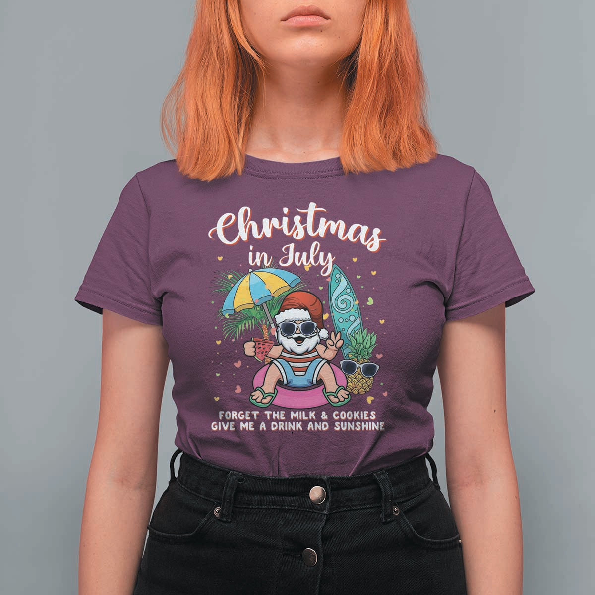 Christmas in July Santa T Shirt For Women Palm Tree Beach Summer Hawaii