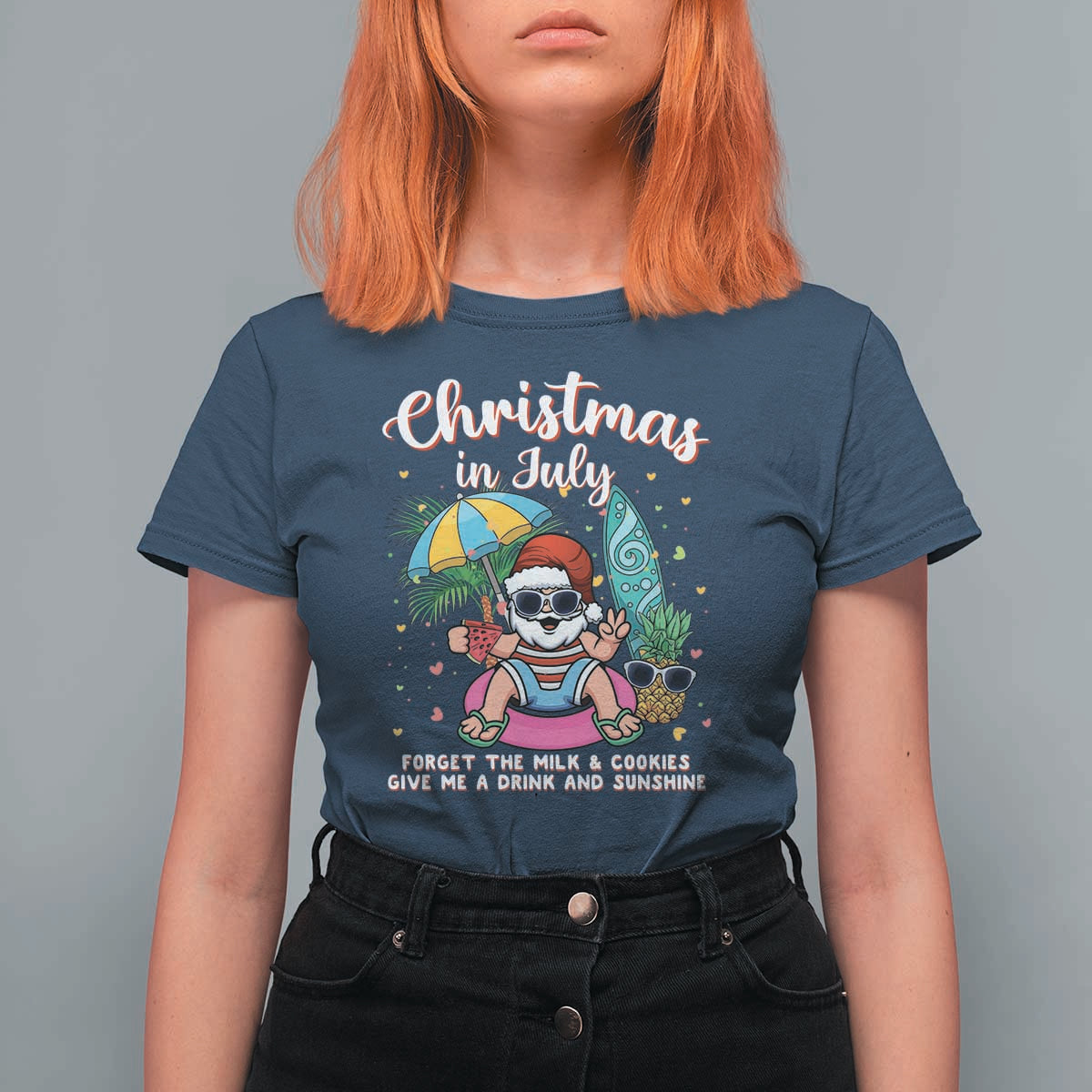 Christmas in July Santa T Shirt For Women Palm Tree Beach Summer Hawaii