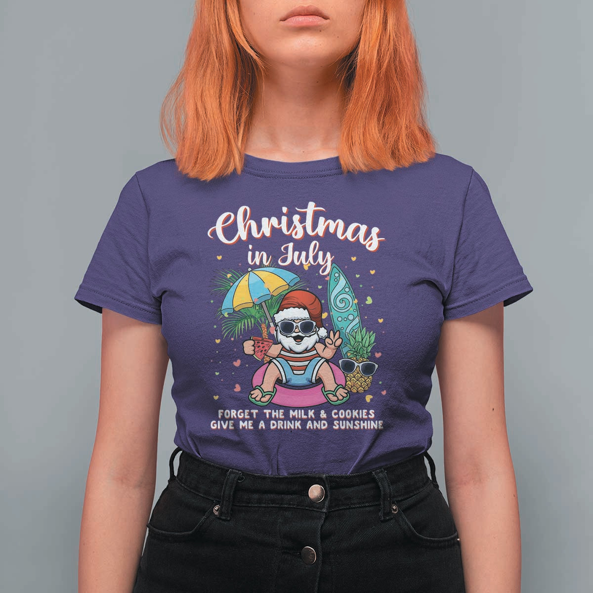 Christmas in July Santa T Shirt For Women Palm Tree Beach Summer Hawaii