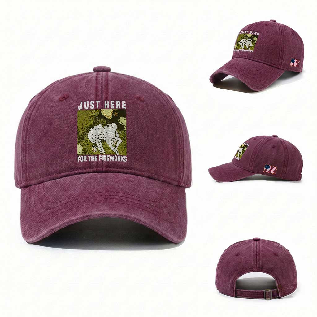 Funny Frog 4th of July Washed Cotton Baseball Cap Just Here For The Fireworks