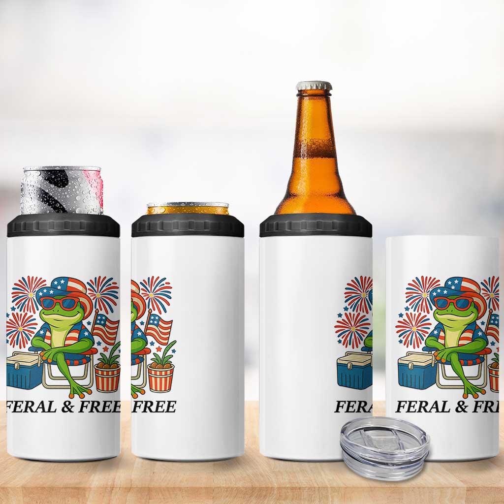 Feral & Free 4 in 1 Can Cooler Tumbler Funny 4th of July Patriotic Frog Lovers