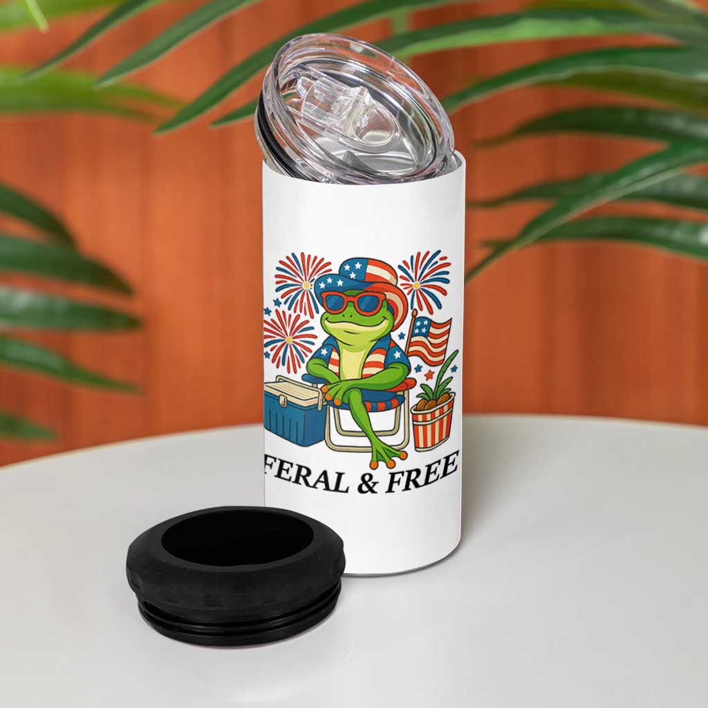 Feral & Free 4 in 1 Can Cooler Tumbler Funny 4th of July Patriotic Frog Lovers