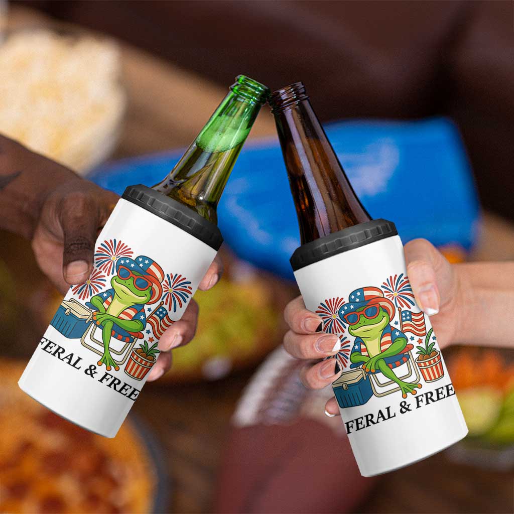 Feral & Free 4 in 1 Can Cooler Tumbler Funny 4th of July Patriotic Frog Lovers