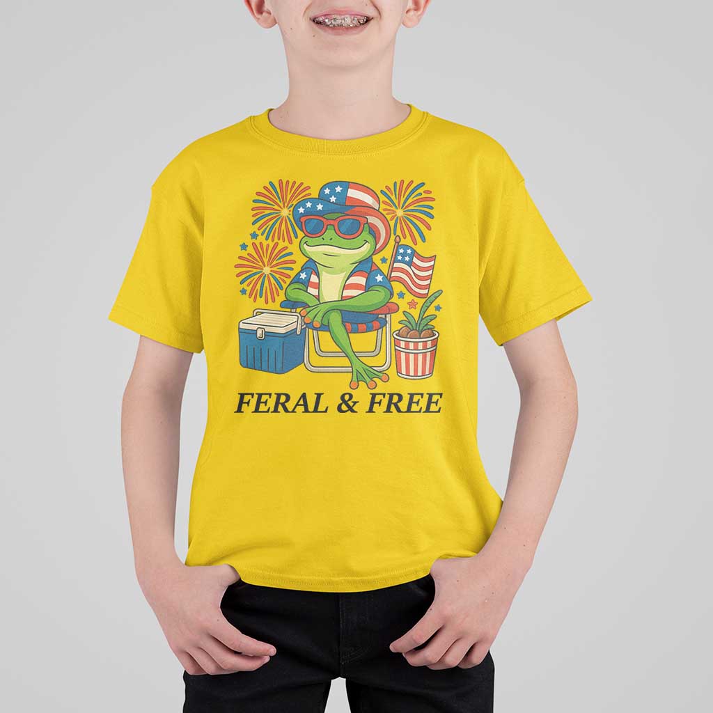 Feral & Free T Shirt For Kid Funny 4th of July Patriotic Frog Lovers - Wonder Print Shop