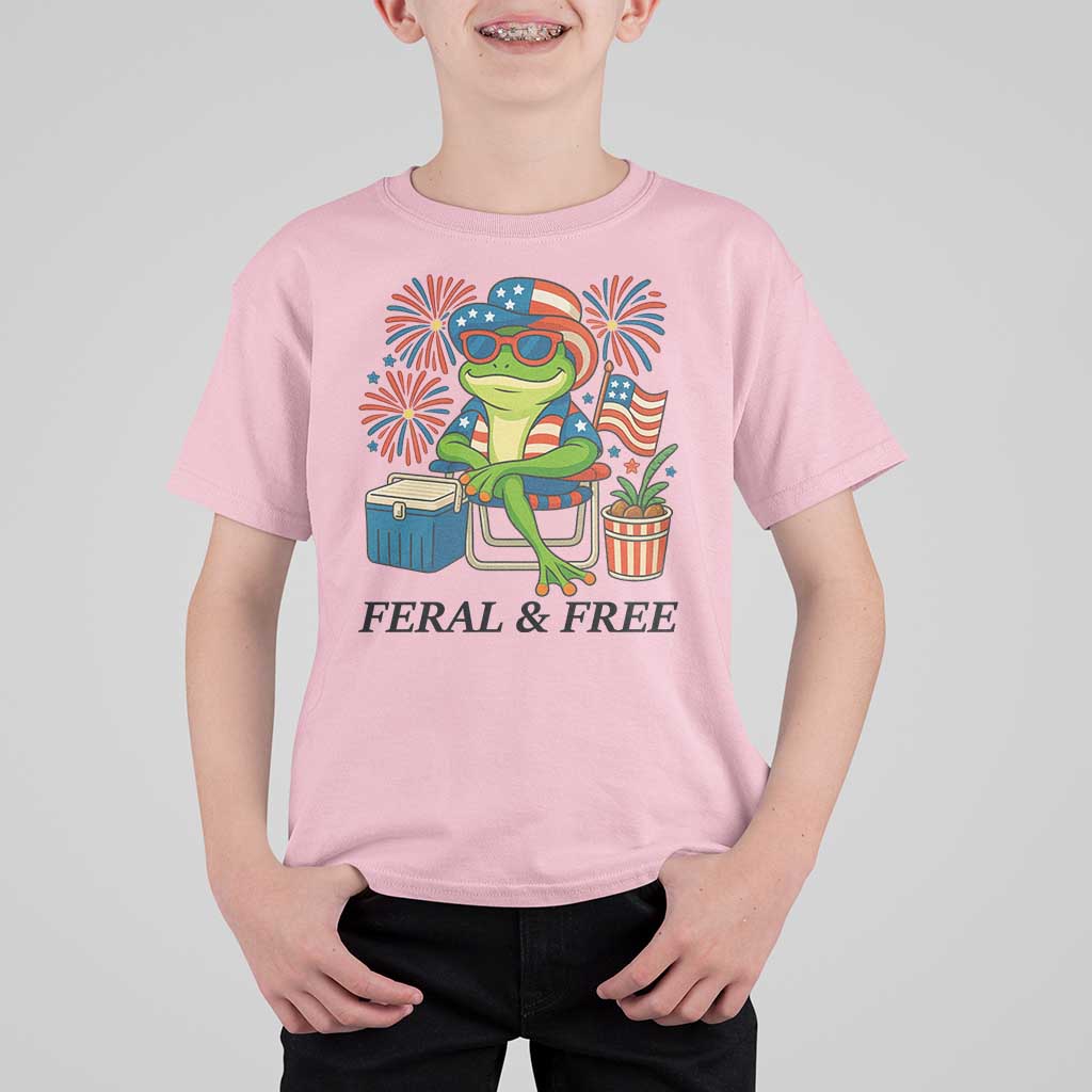 Feral & Free T Shirt For Kid Funny 4th of July Patriotic Frog Lovers - Wonder Print Shop