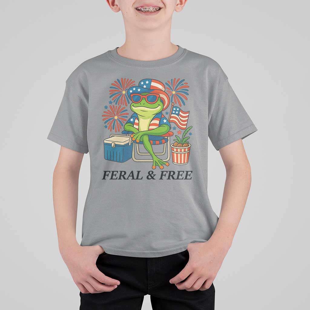 Feral & Free T Shirt For Kid Funny 4th of July Patriotic Frog Lovers - Wonder Print Shop