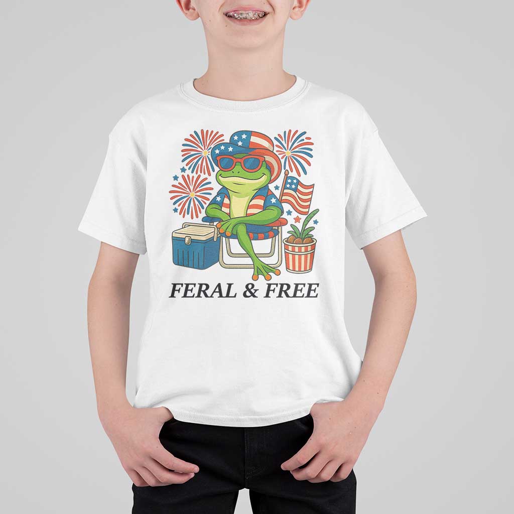 Feral & Free T Shirt For Kid Funny 4th of July Patriotic Frog Lovers - Wonder Print Shop