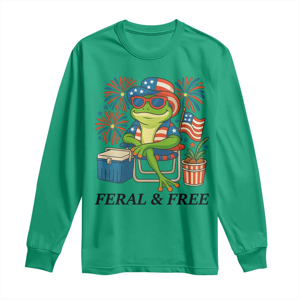 Feral & Free Long Sleeve Shirt Funny 4th of July Patriotic Frog Lovers - Wonder Print Shop