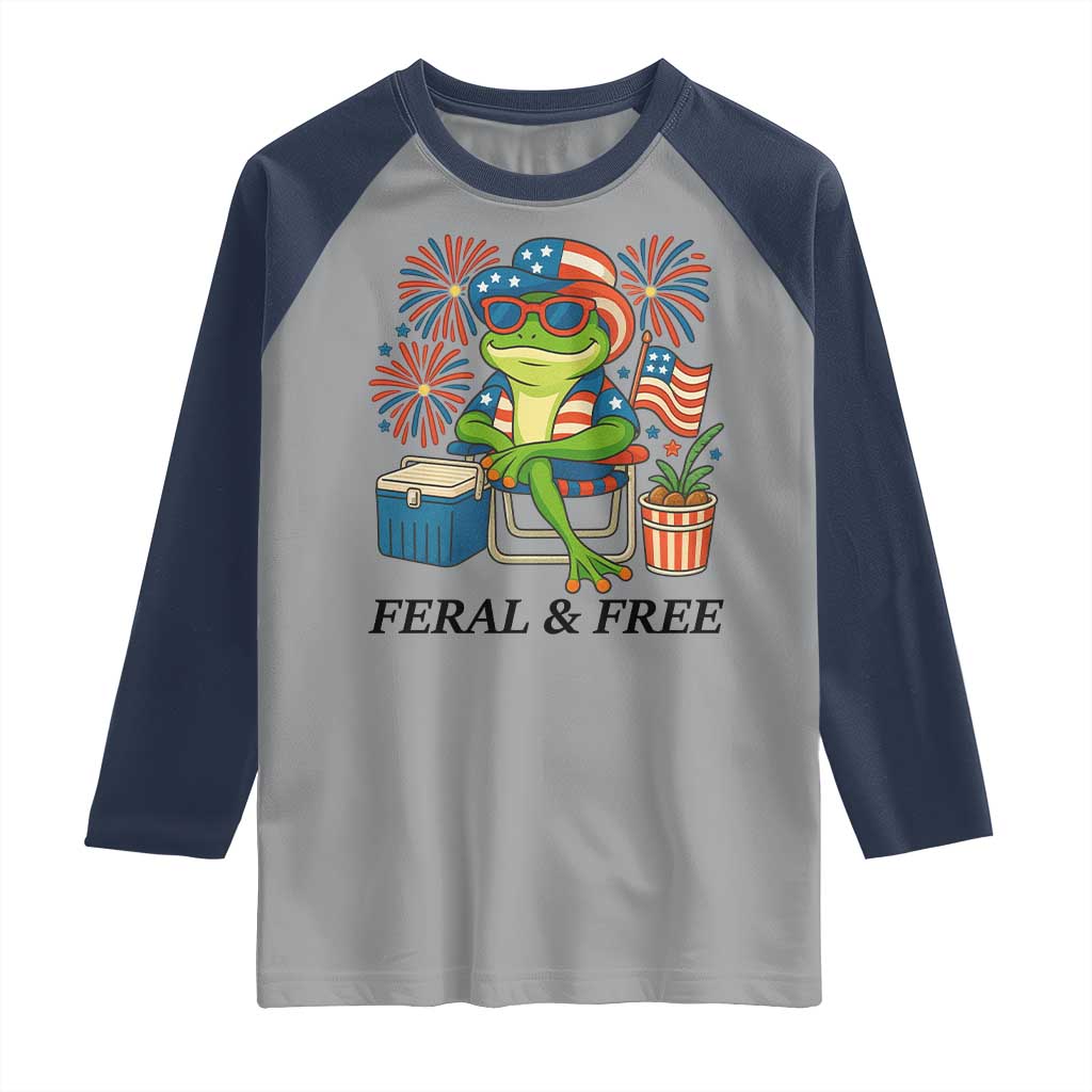 Feral & Free Raglan Shirt Funny 4th of July Patriotic Frog Lovers - Wonder Print Shop