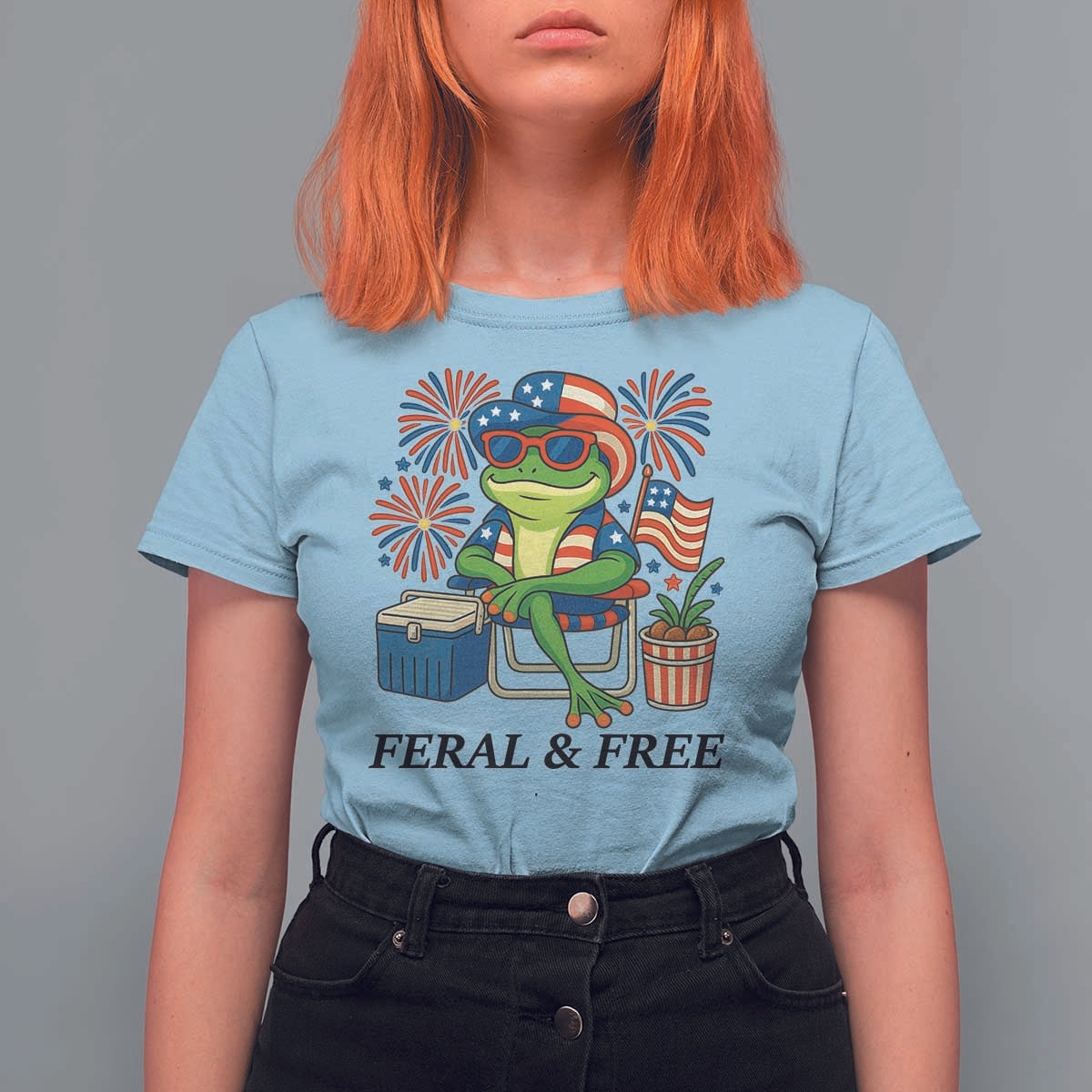 Feral & Free T Shirt For Women Funny 4th of July Patriotic Frog Lovers - Wonder Print Shop