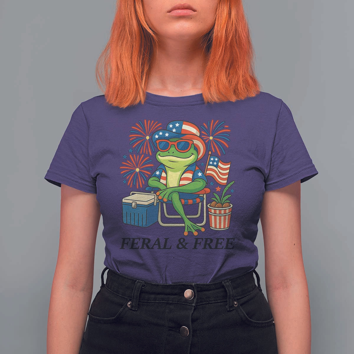 Feral & Free T Shirt For Women Funny 4th of July Patriotic Frog Lovers - Wonder Print Shop