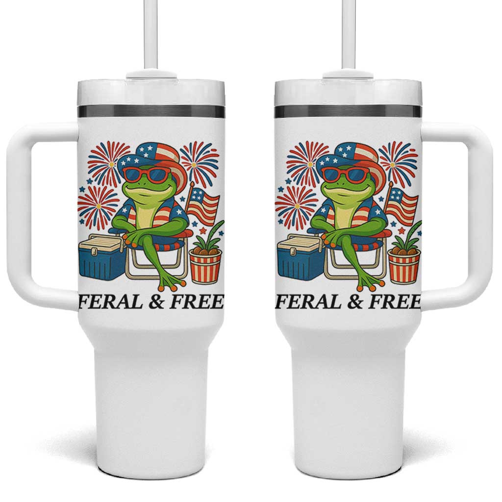 Feral & Free Tumbler With Handle Funny 4th of July Patriotic Frog Lovers