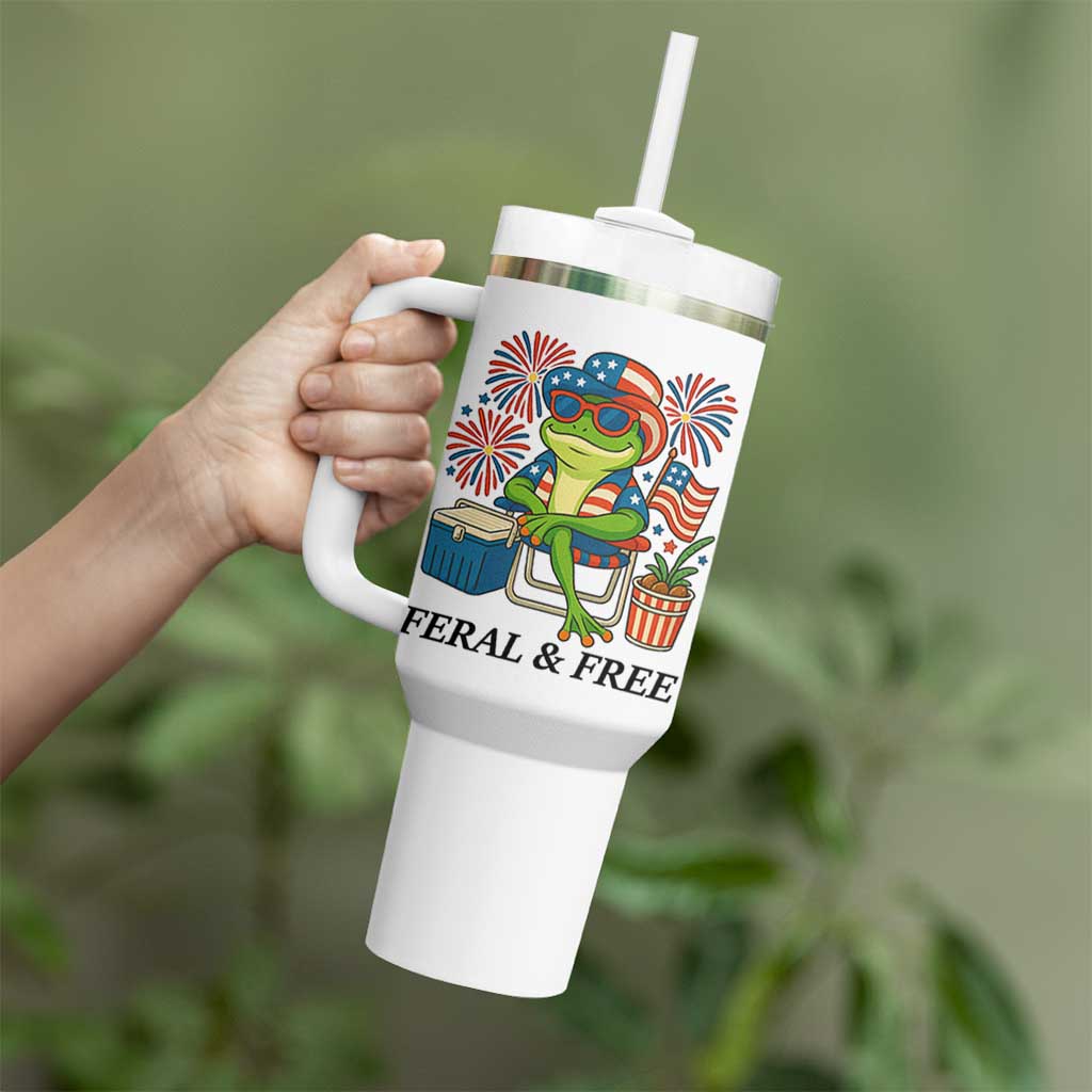 Feral & Free Tumbler With Handle Funny 4th of July Patriotic Frog Lovers