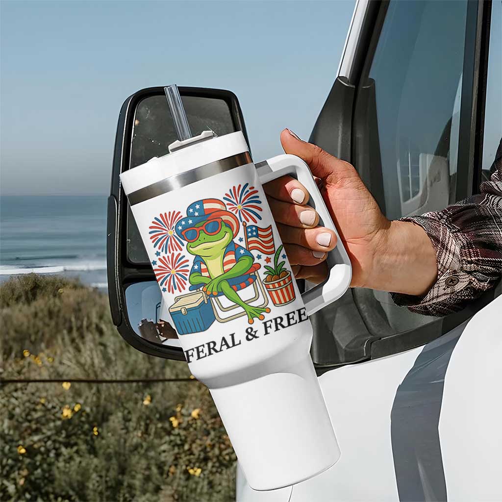 Feral & Free Tumbler With Handle Funny 4th of July Patriotic Frog Lovers