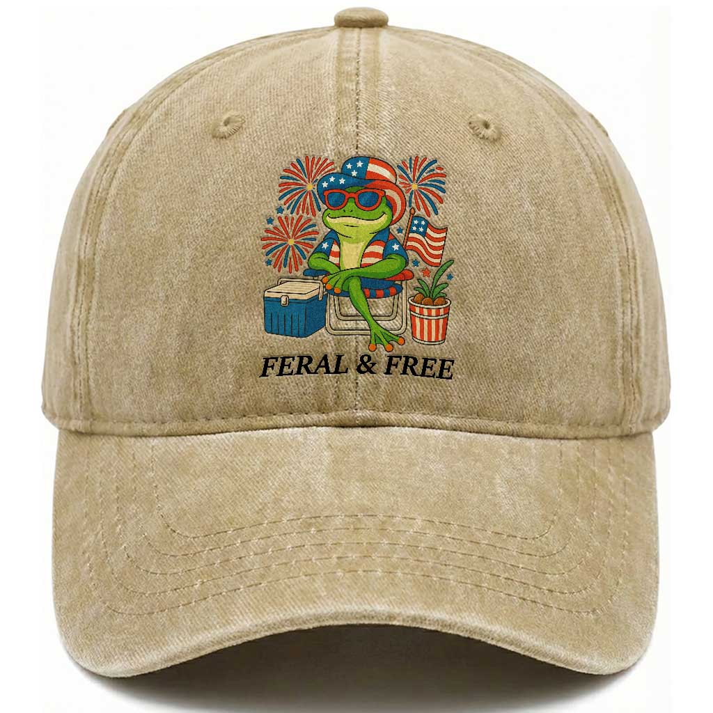 Feral & Free Washed Cotton Baseball Cap Funny 4th of July Patriotic Frog Lovers