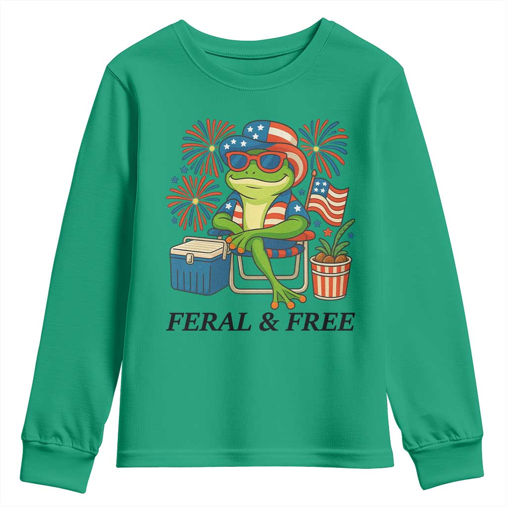 Feral & Free Youth Sweatshirt Funny 4th of July Patriotic Frog Lovers - Wonder Print Shop