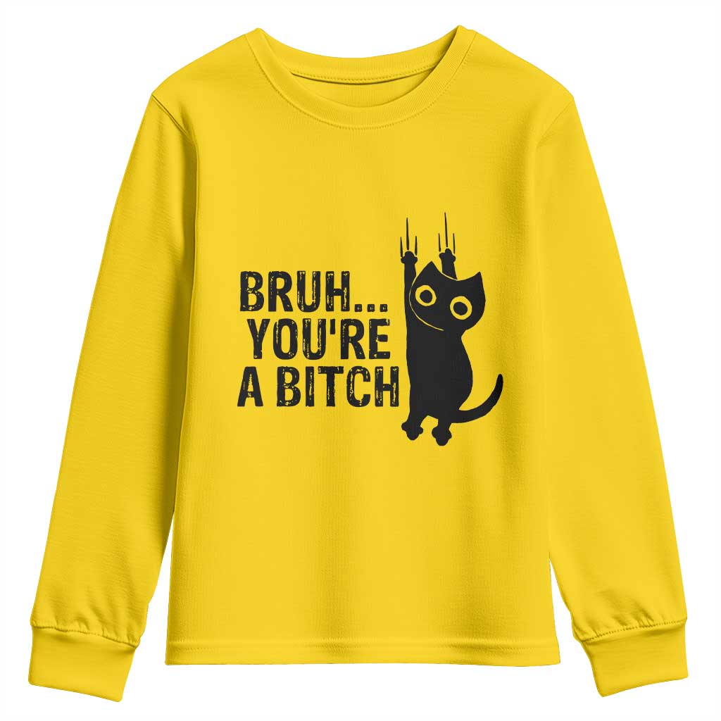 Funny Black Cat Youth Sweatshirt Bruh You Are A Bitch Kitty Sarcastic Meme - Wonder Print Shop