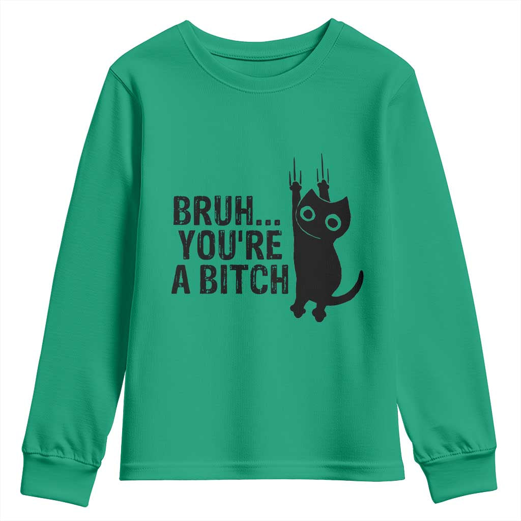 Funny Black Cat Youth Sweatshirt Bruh You Are A Bitch Kitty Sarcastic Meme - Wonder Print Shop