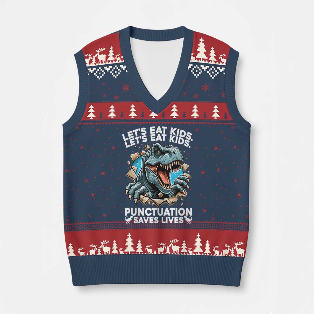 Funny Grammar Dino V-Neck Knit Sweater Vest Let Us Eat Kids Punctuation Saves Lives - Wonder Print Shop