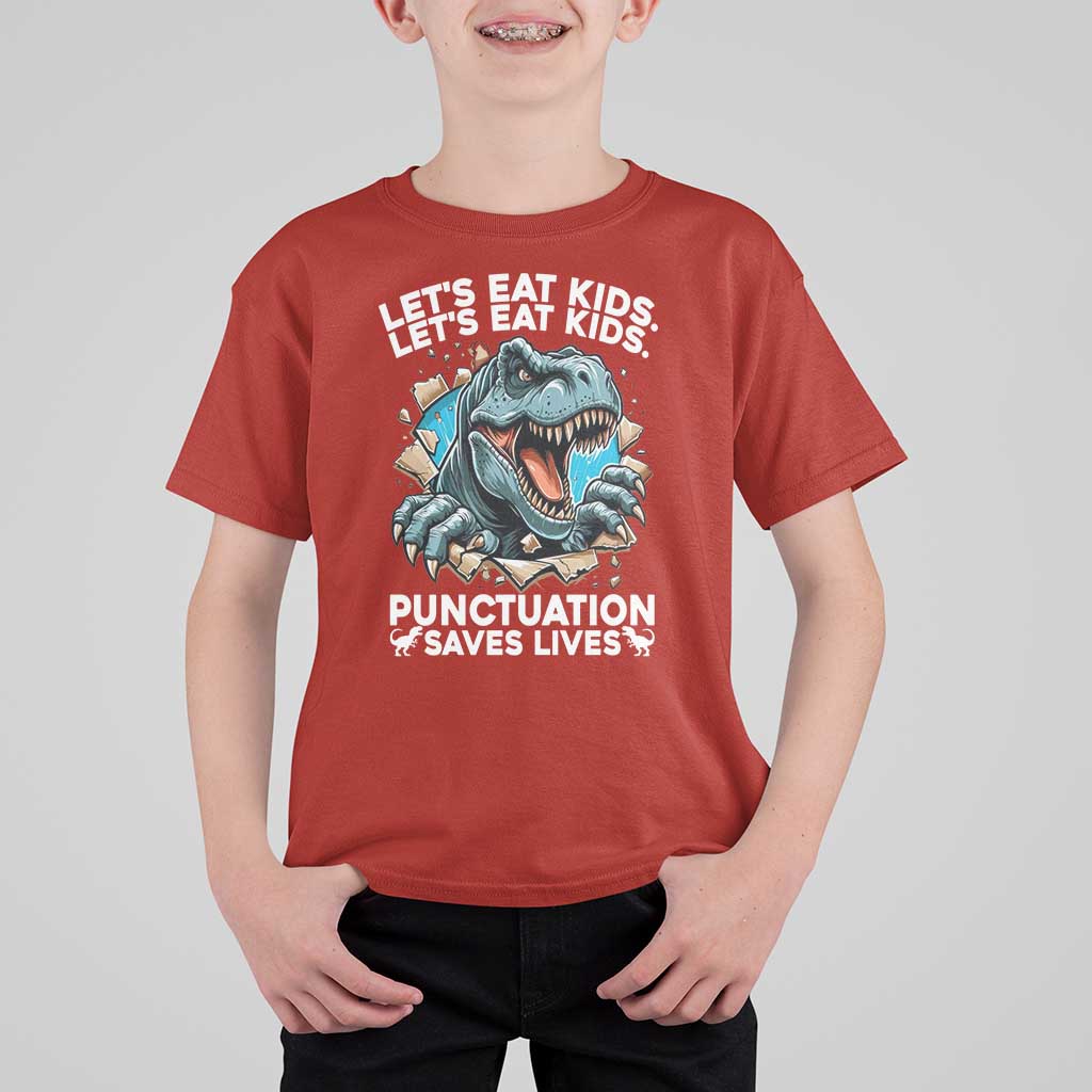 Funny Grammar Dino T Shirt For Kid Let Us Eat Kids Punctuation Saves Lives - Wonder Print Shop